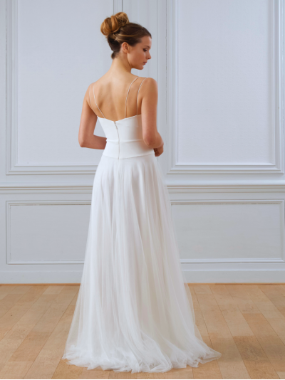 Robe de mariée, bustier fines bretelles en crèpe, jupe tutu en tulle