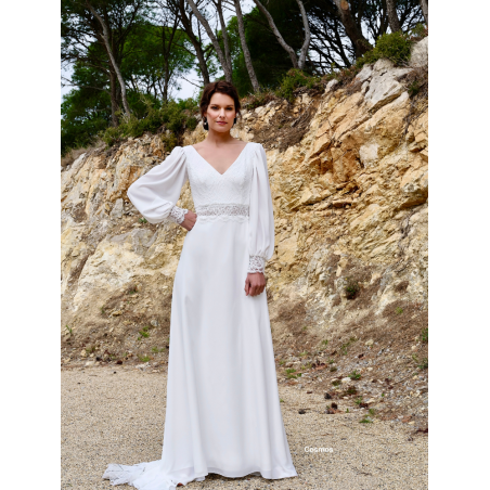 Cosmos, robe de mariée longue bohème dos nu, à manches longues, Créations Bochet
