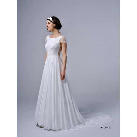 Velours, robe de mariée longue bohème dos nu, col bateau, , Créations Bochet