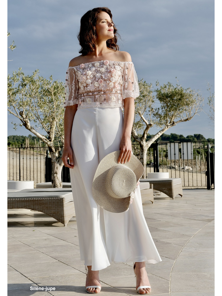 Silène, Top de mariée, col bateau, en dentelle 3D, fleurs roses,