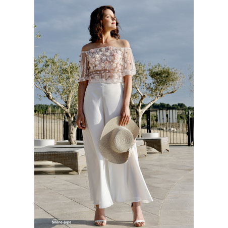 Silène, Top de mariée, col bateau, en dentelle 3D, fleurs roses,