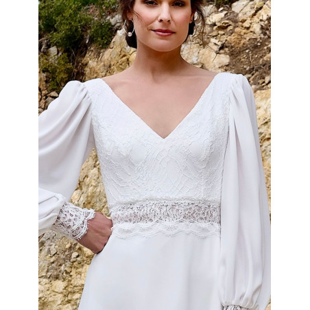 Cosmos, robe de mariée longue bohème dos nu, à manches longues, Créations Bochet