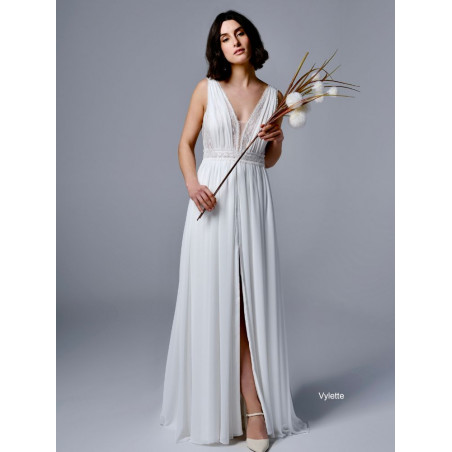 Vylette, robe de mariée longue bohème dos nu, création française, Créations Bochet