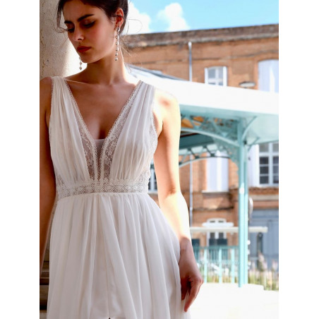 Vylette, robe de mariée longue bohème dos nu, création française, Créations Bochet