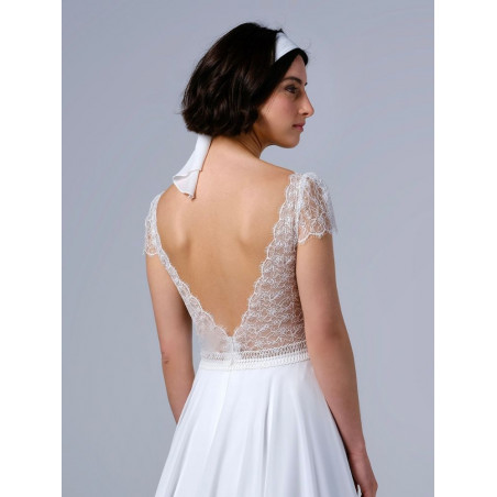 Velours, robe de mariée longue bohème dos nu, col bateau, , Créations Bochet