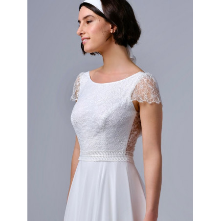 Velours, robe de mariée longue bohème dos nu, col bateau, , Créations Bochet