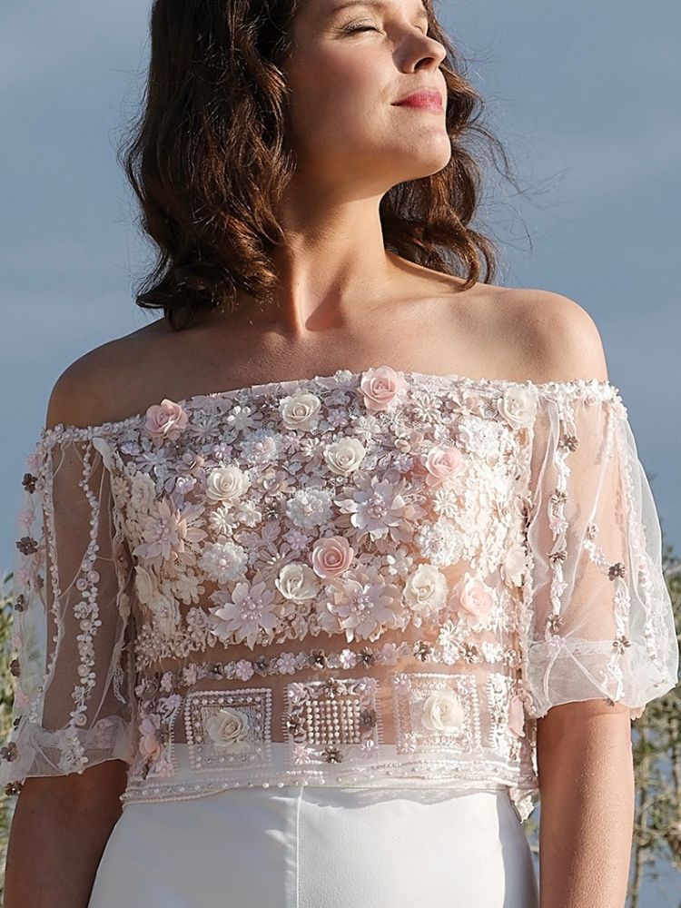 Silène, Top de mariée, col bateau, en dentelle 3D, fleurs roses,