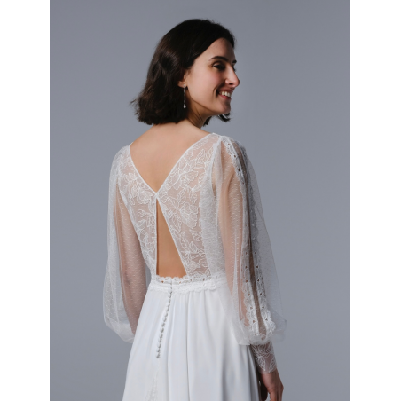 Vladia, robe longue bohème dos nu, manches longues, Créations Bochet