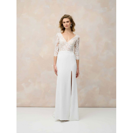 Endless Love, robe fourreau, manches trois-quarts, dentelle, dos nu, Marylise Bridal