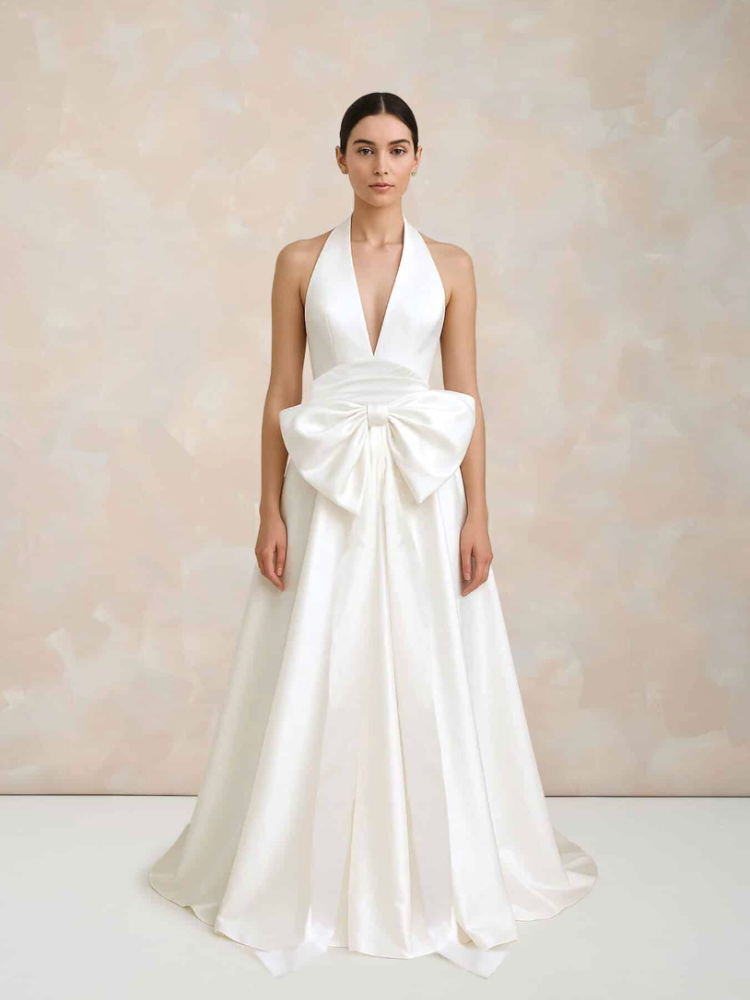 She Loves You, robe  de mariée, en taffeta, forme trapèze, dos nu, noeud, Marylise Bridal