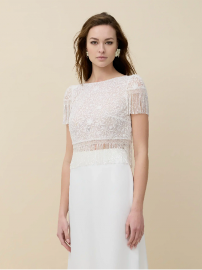 Magnolia, top en broderie avec des franges perlées, Rembo Atelier