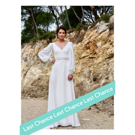 Cosmos, robe de mariée longue bohème dos nu, à manches longues, Créations Bochet