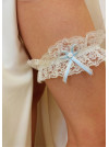 Jarretière de mariée, dentelle, avec un noeud  en ruban fin blanc et bleu