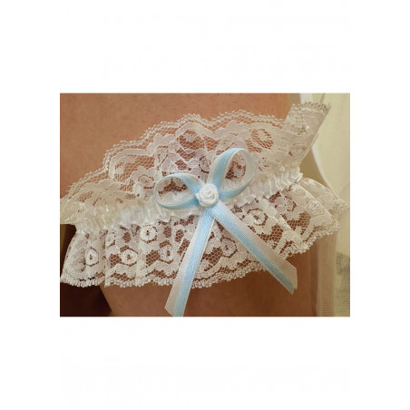 Jarretière de mariée, dentelle, avec un noeud  en ruban fin blanc et bleu