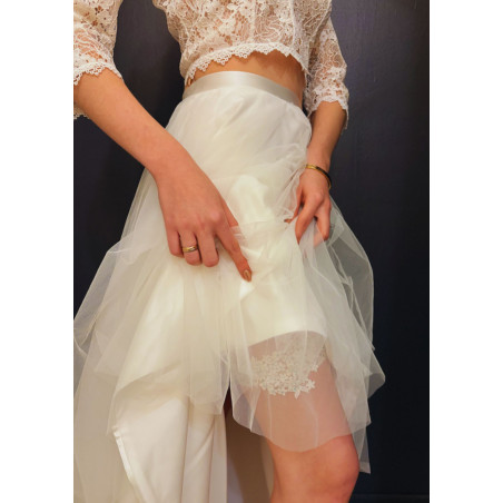 Jarretière de mariée, dentelle, perles, blanc et bleu