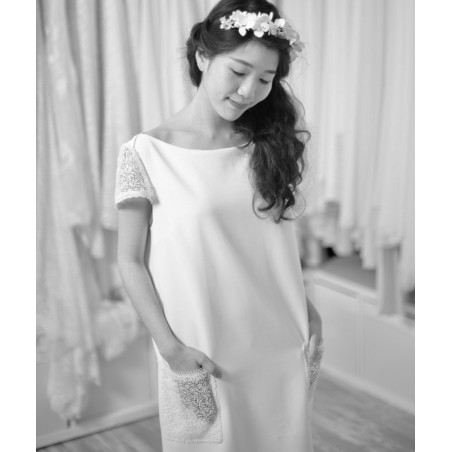 Robe de mariée courte, twill et guipure, création française Atelier de Juliette