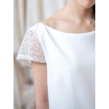 Robe de mariée courte, twill et guipure, création française Atelier de Juliette