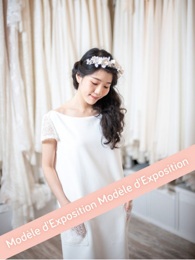 Robe de mariée courte, twill et guipure, création française Atelier de Juliette