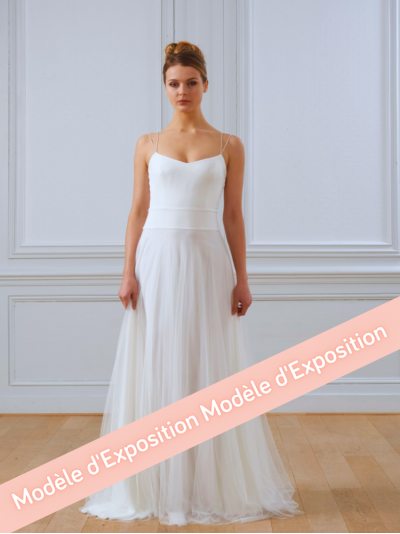 Robe de mariée, bustier fines bretelles en crèpe, jupe tutu en tulle