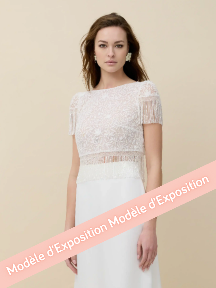 Magnolia, top en broderie avec des franges perlées, Rembo Atelier