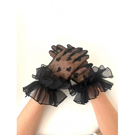 Gants noirs en tulle avec fronces