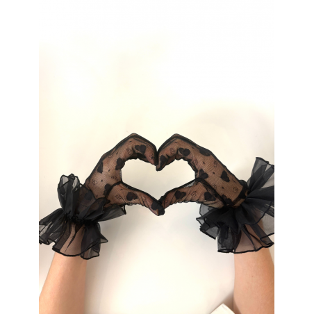 Gants noirs en tulle avec fronces